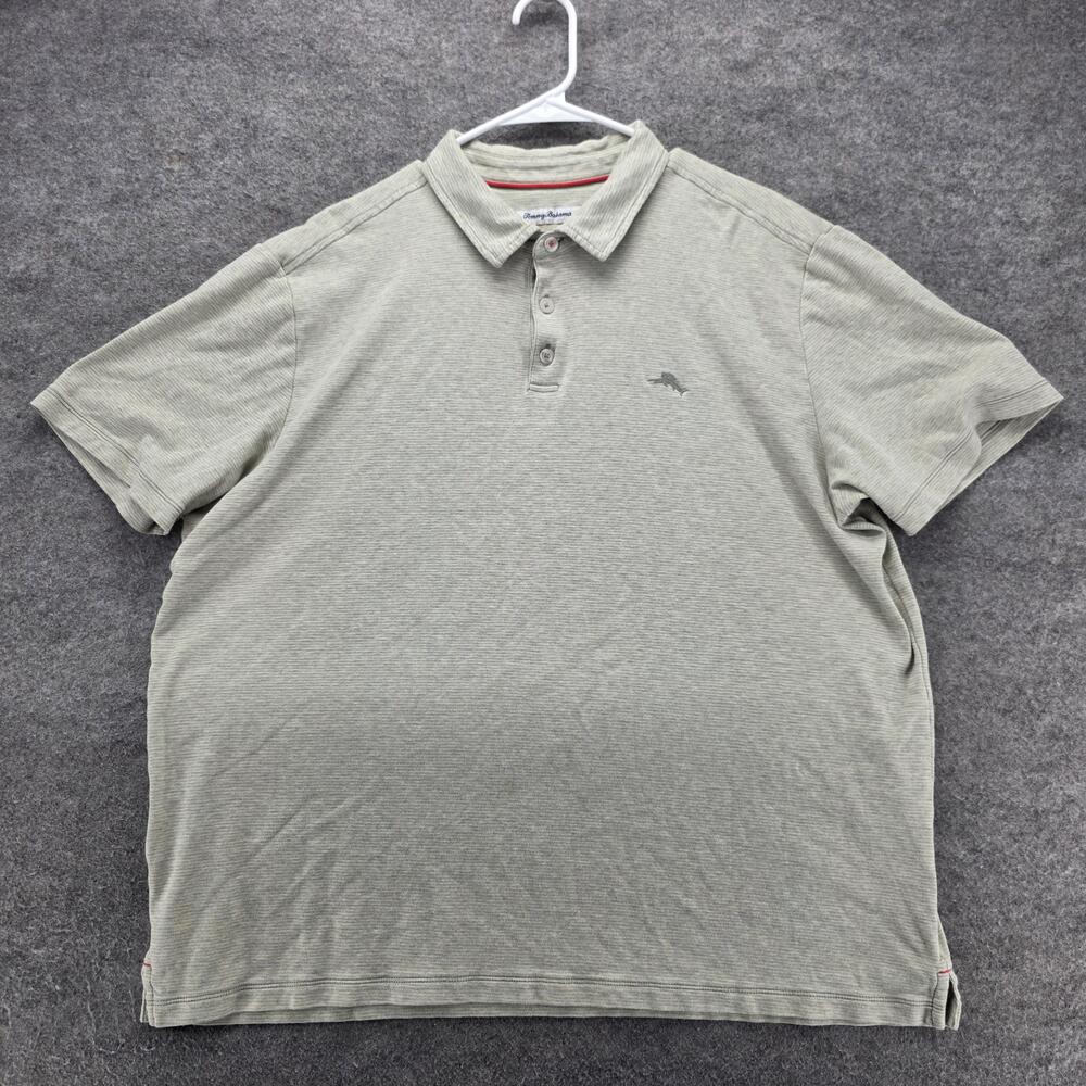 Tommy Bahama Polo Shirt Mens XL Green Striped 100% Cotton Relaxed Short Sleeve